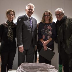 Judges Dr Petra Kayser, Rev Tom Elich, Mandorla Art Award Winner Megan Robert and judge Prof Ted Snell with Megan’s work “The Bread Basket at Emmuas – then Flesh returned to Word”